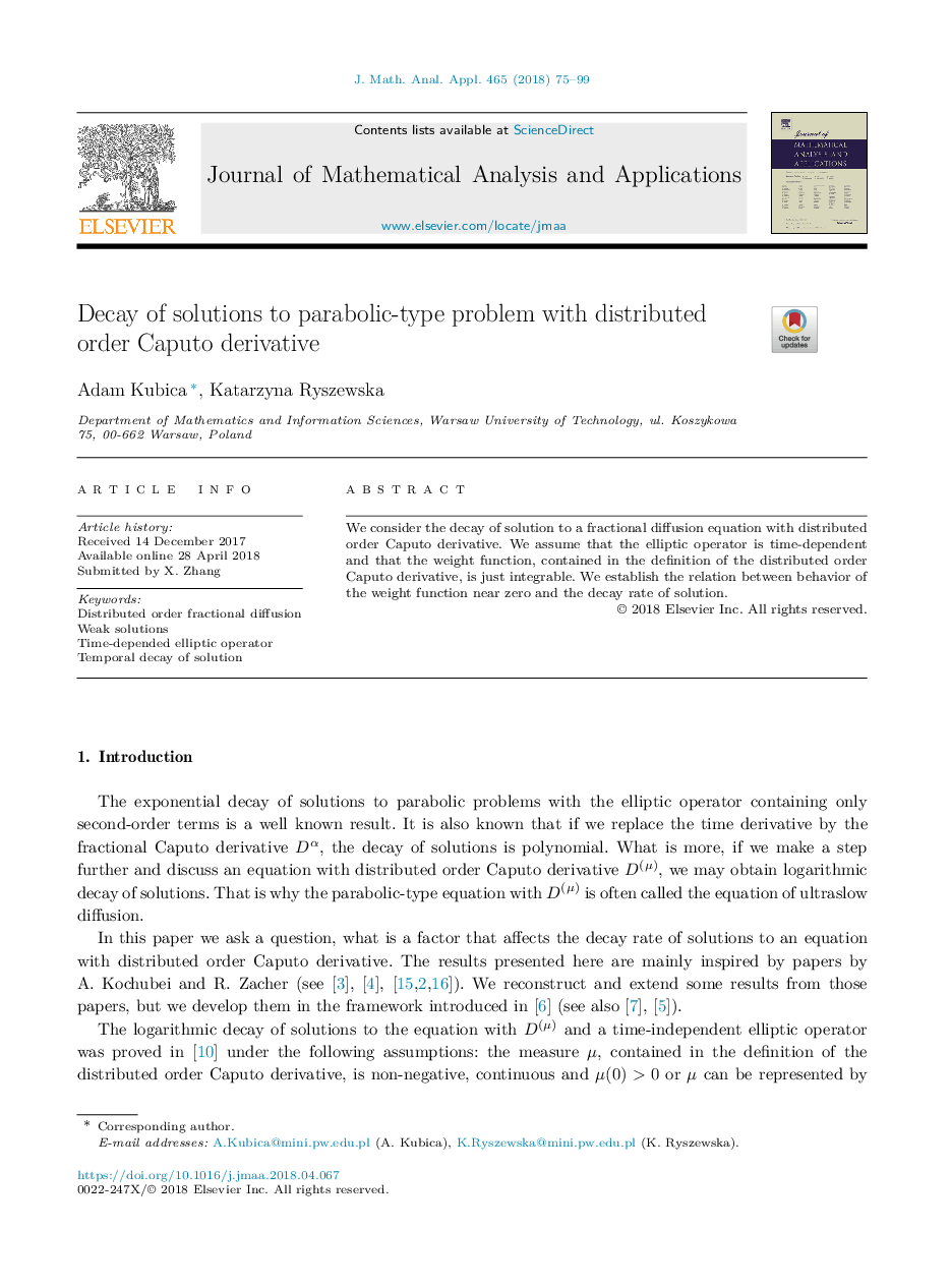 Decay of solutions to parabolic-type problem with distributed order Caputo derivative