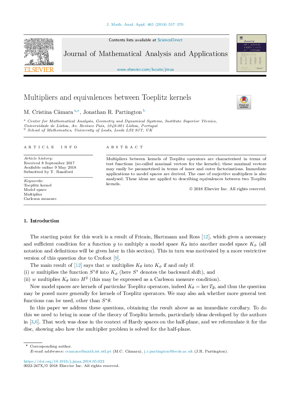 عکس صفحه اول مقاله: Multipliers and equivalences between Toeplitz kernels Multipliers and equivalences between Toeplitz kernels