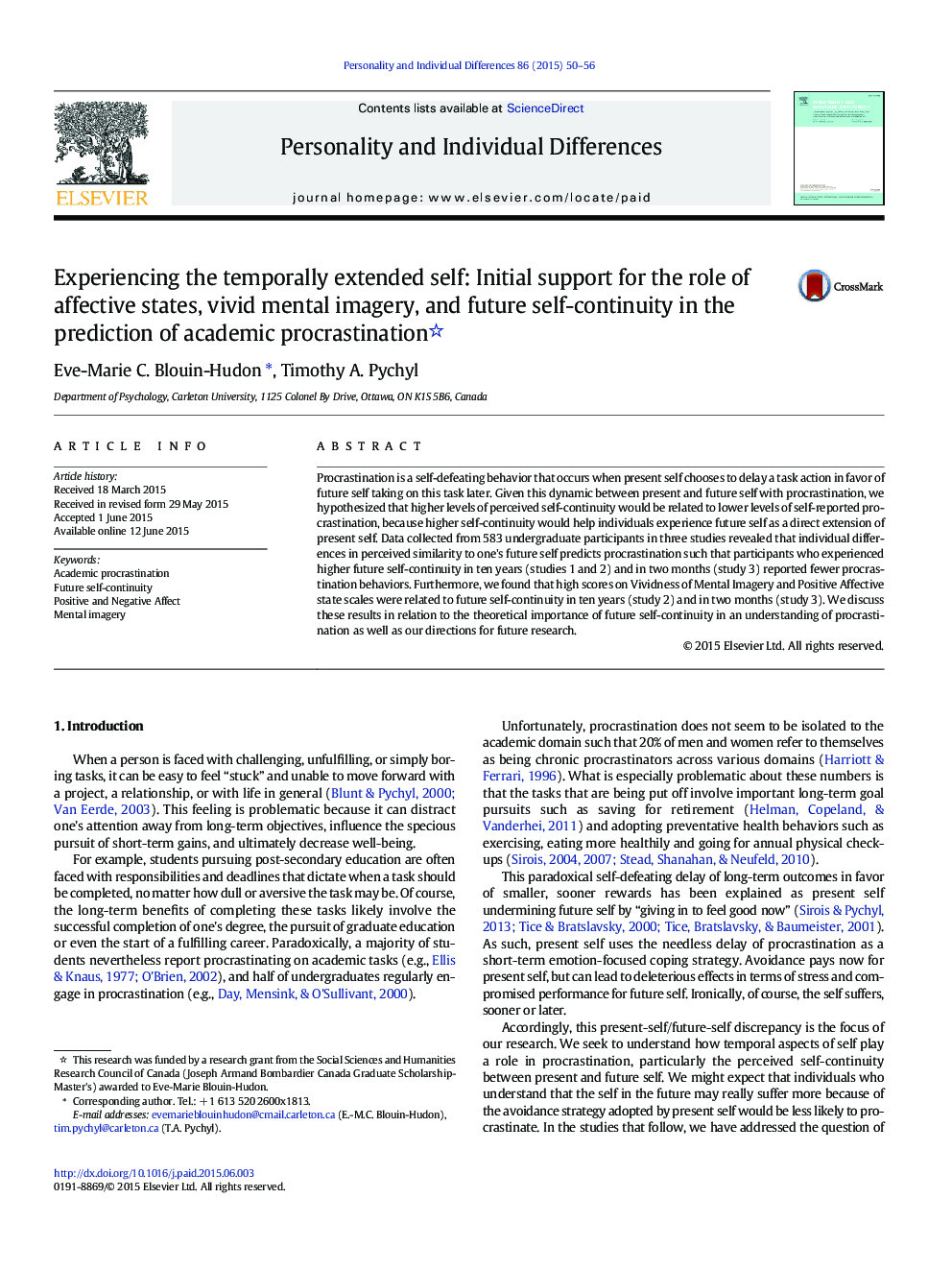 Experiencing the temporally extended self: Initial support for the role of affective states, vivid mental imagery, and future self-continuity in the prediction of academic procrastination 