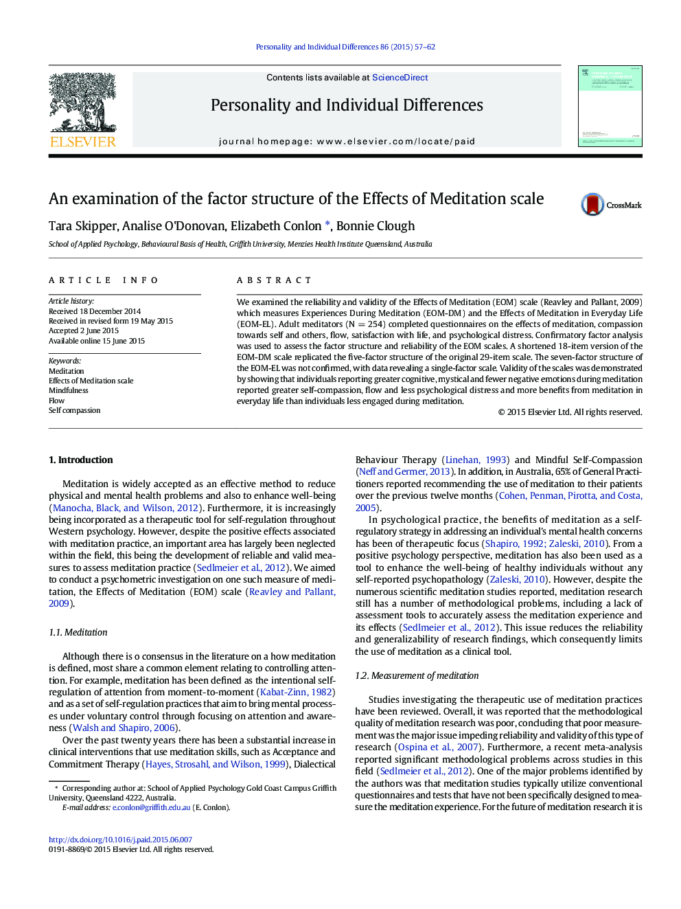 An examination of the factor structure of the Effects of Meditation scale