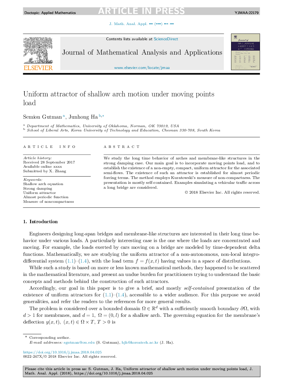 Uniform attractor of shallow arch motion under moving points load