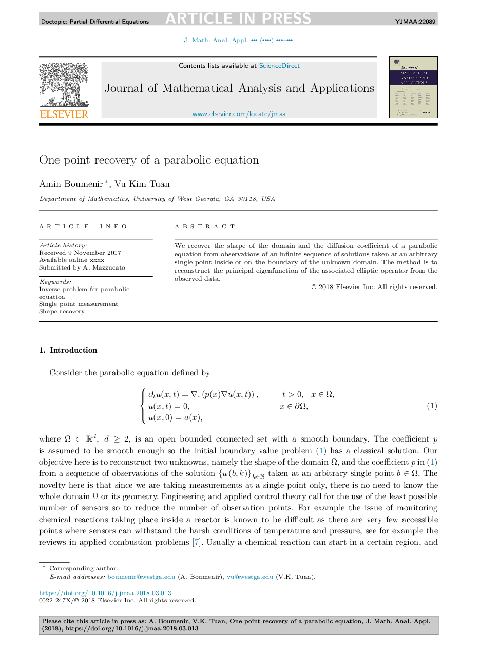 One point recovery of a parabolic equation