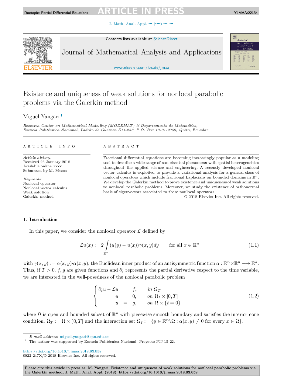 Existence and uniqueness of weak solutions for nonlocal parabolic problems via the Galerkin method