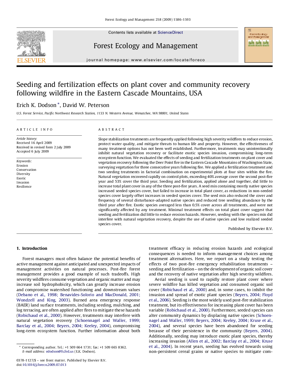 Seeding and fertilization effects on plant cover and community recovery following wildfire in the Eastern Cascade Mountains, USA