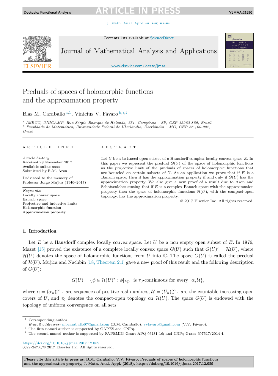 Preduals of spaces of holomorphic functions and the approximation property