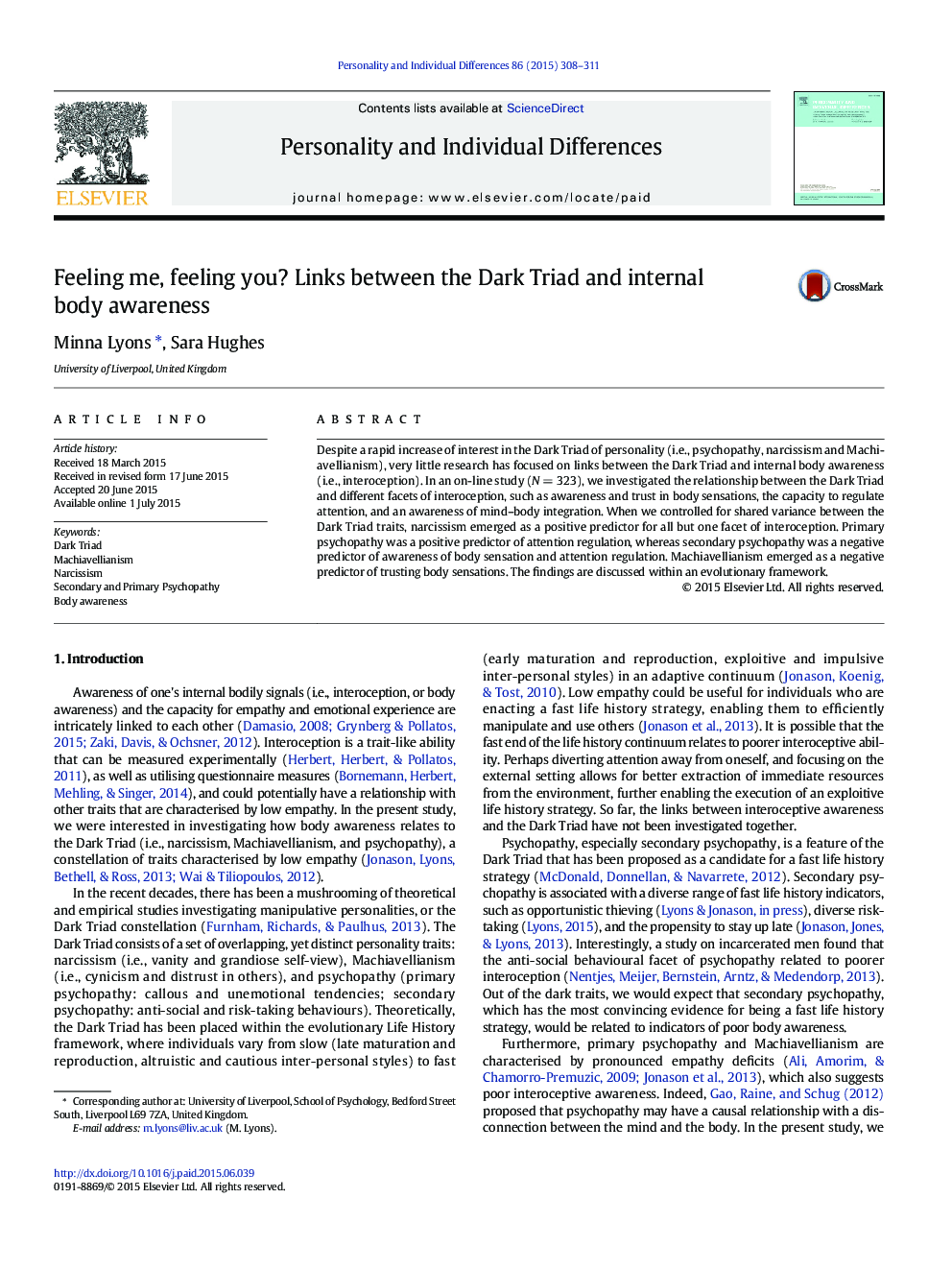 Feeling me, feeling you? Links between the Dark Triad and internal body awareness