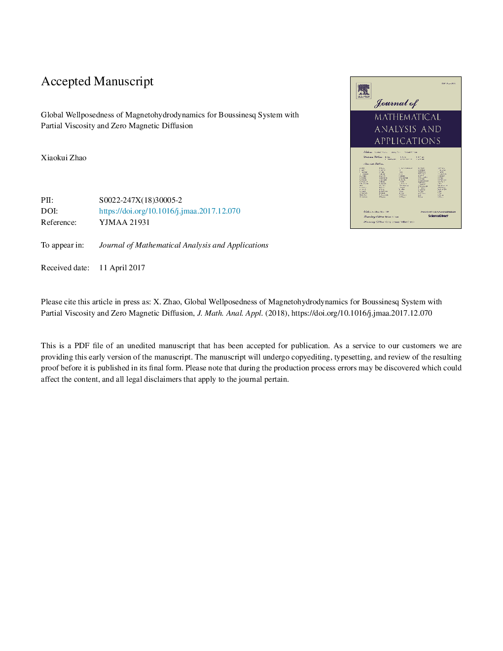 Global wellposedness of magnetohydrodynamics for Boussinesq system with partial viscosity and zero magnetic diffusion