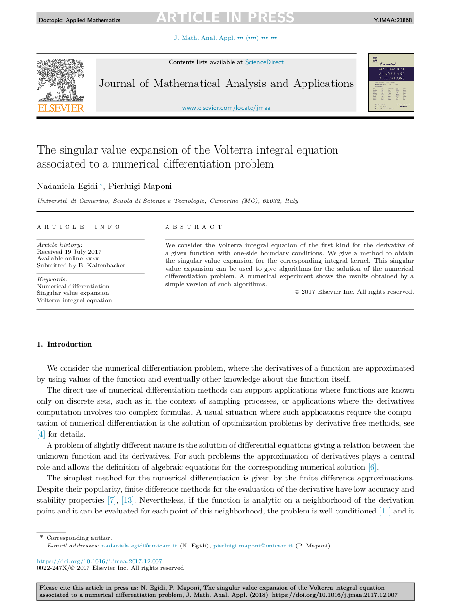 The singular value expansion of the Volterra integral equation associated to a numerical differentiation problem