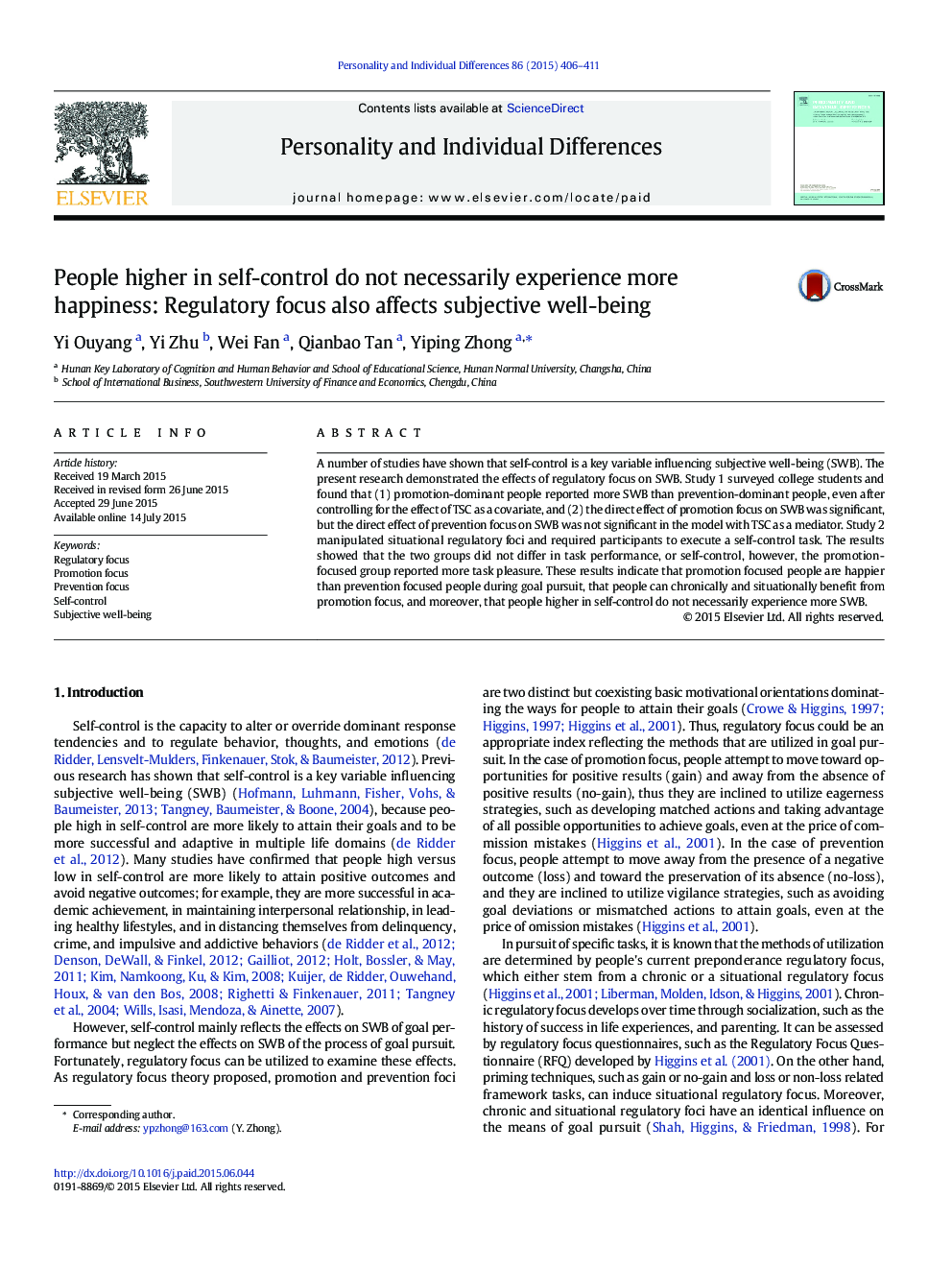 People higher in self-control do not necessarily experience more happiness: Regulatory focus also affects subjective well-being