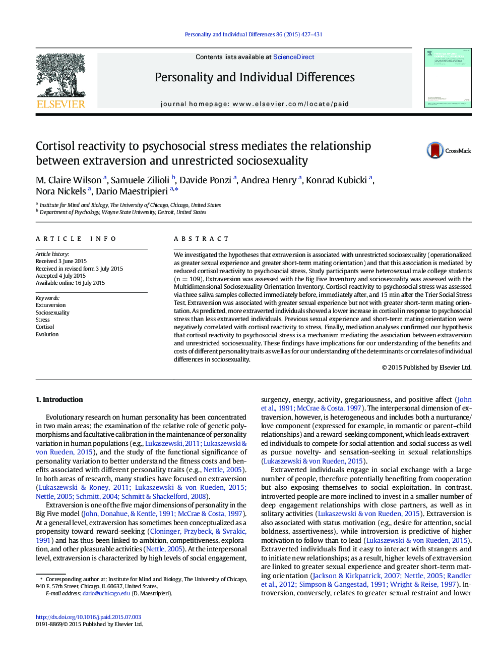 Cortisol reactivity to psychosocial stress mediates the relationship between extraversion and unrestricted sociosexuality