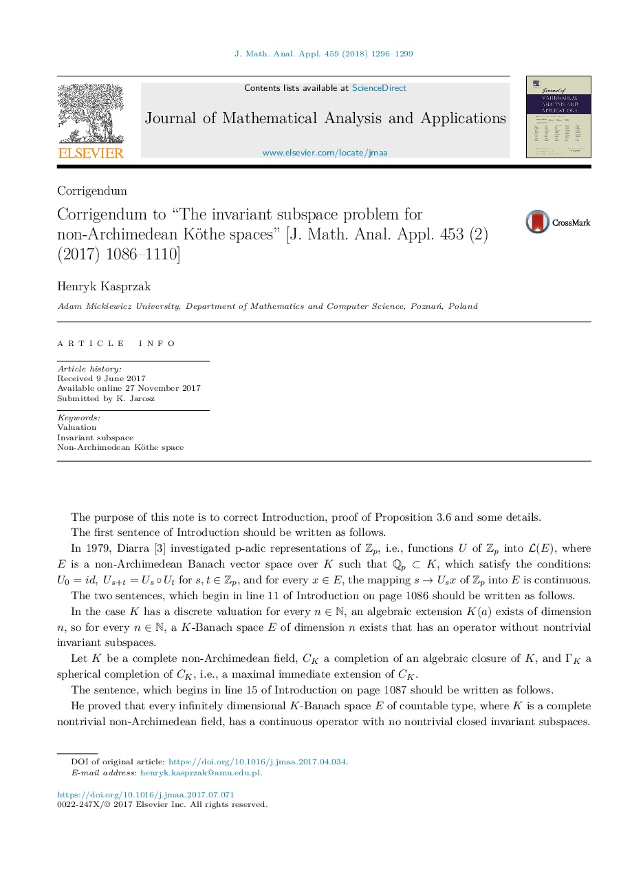 Corrigendum to “The invariant subspace problem for non-Archimedean Köthe spaces” [J. Math. Anal. Appl. 453 (2) (2017) 1086-1110]