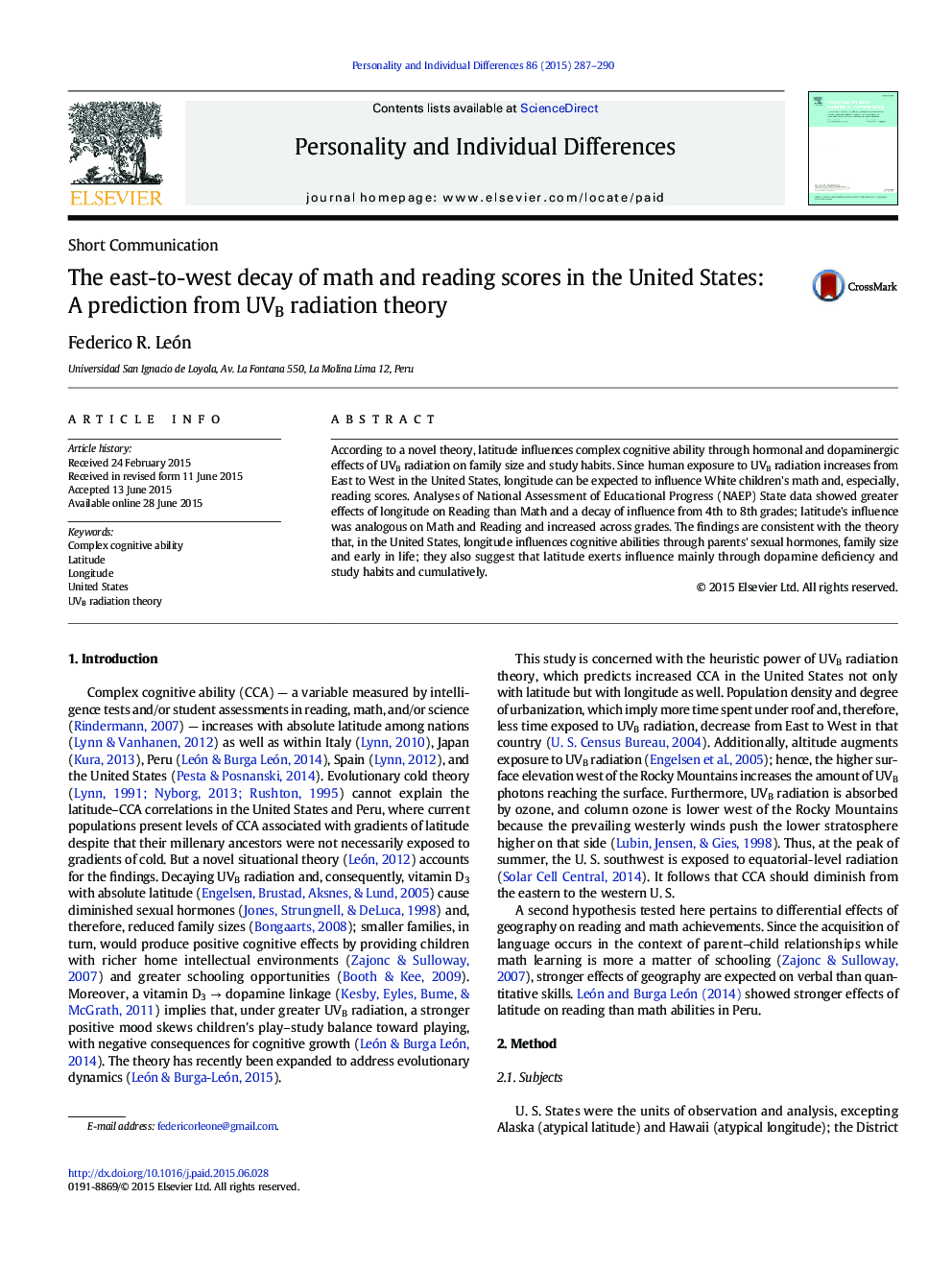 The east-to-west decay of math and reading scores in the United States: A prediction from UVB radiation theory