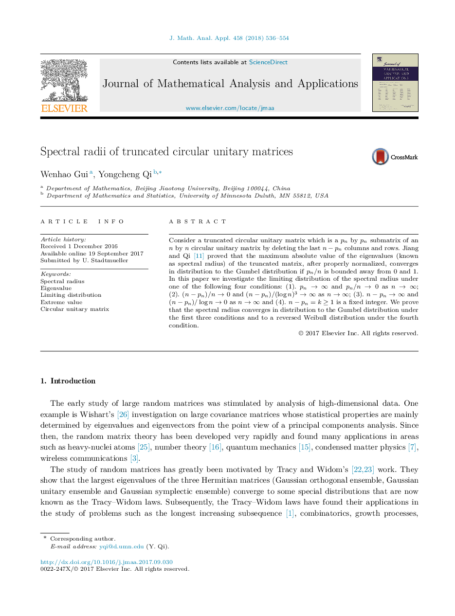 Spectral radii of truncated circular unitary matrices