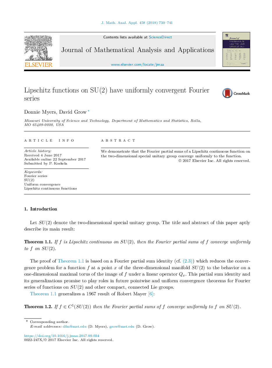 Lipschitz functions on SU(2) have uniformly convergent Fourier series