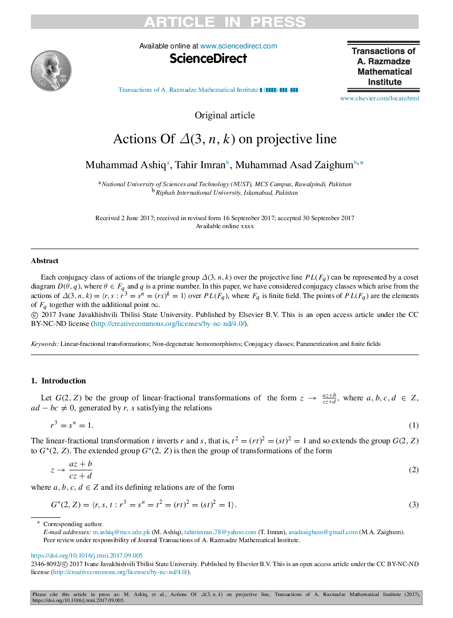 Actions of Î(3,n,k) on projective line