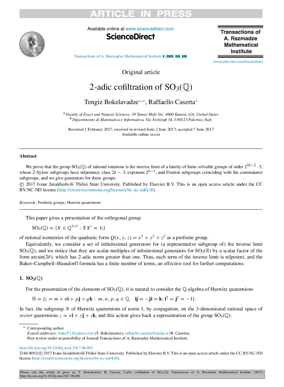 2-adic cofiltration of SO3(Q)