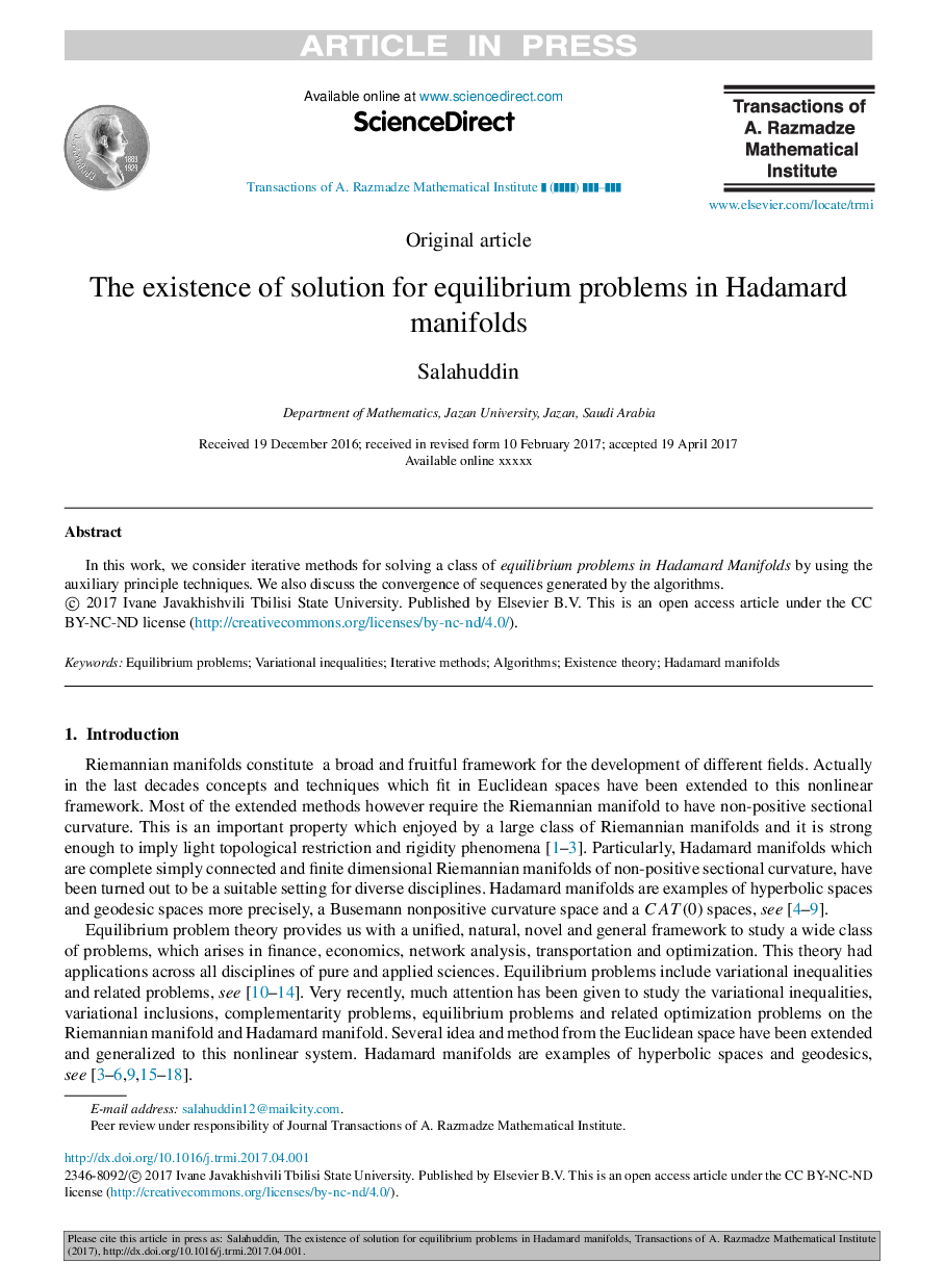 The existence of solution for equilibrium problems in Hadamard manifolds