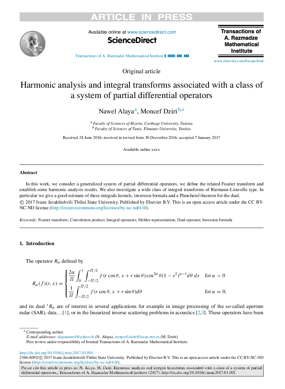 تجزیه و تحلیل هارمونیک و تبدیل یکپارچه مرتبط با یک کلاس از یک سیستم از اپراتورهای دیفرانسیل جزئی 