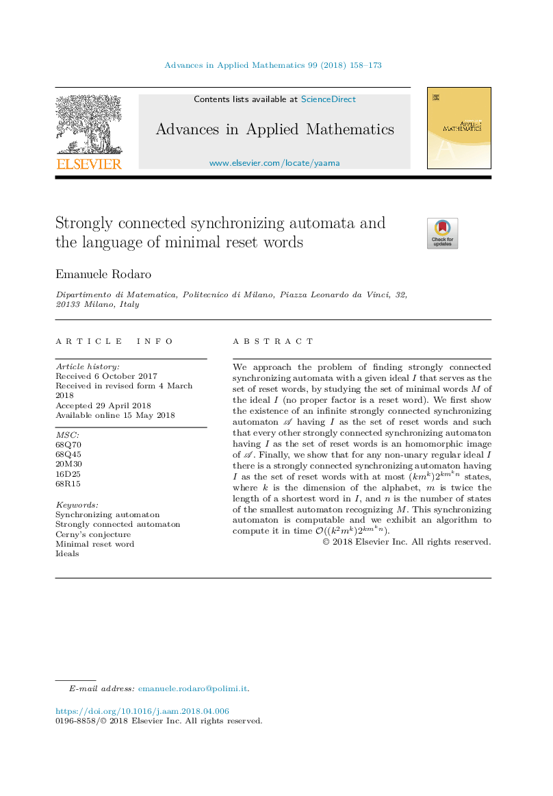 Strongly connected synchronizing automata and the language of minimal reset words