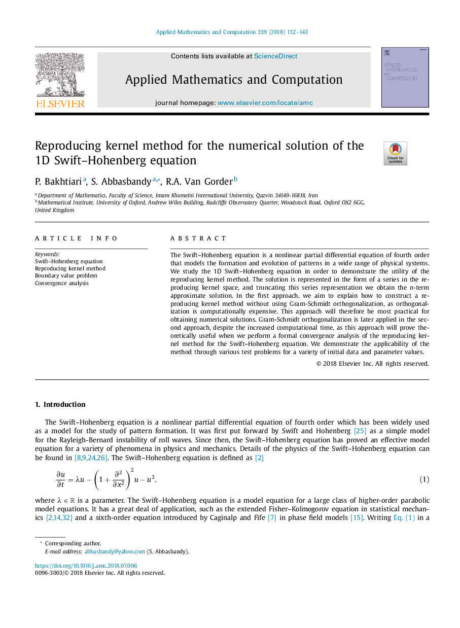 Reproducing kernel method for the numerical solution of the 1D Swift-Hohenberg equation