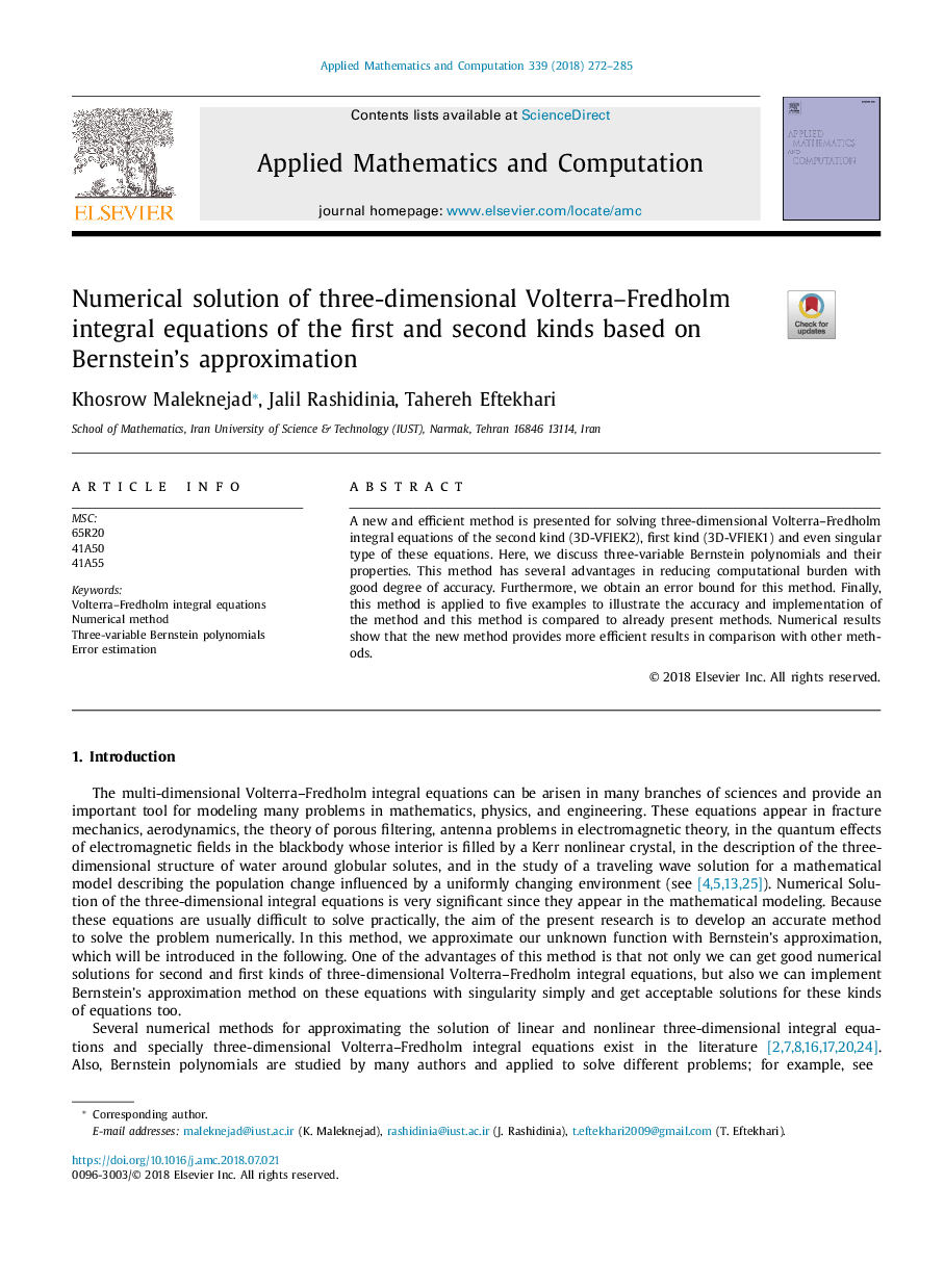 Numerical solution of three-dimensional Volterra-Fredholm integral equations of the first and second kinds based on Bernstein's approximation