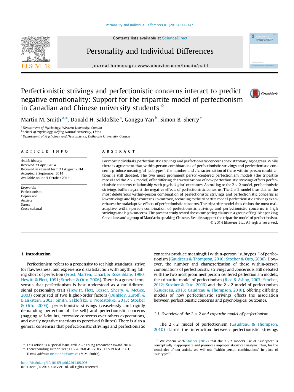 Perfectionistic strivings and perfectionistic concerns interact to predict negative emotionality: Support for the tripartite model of perfectionism in Canadian and Chinese university students 