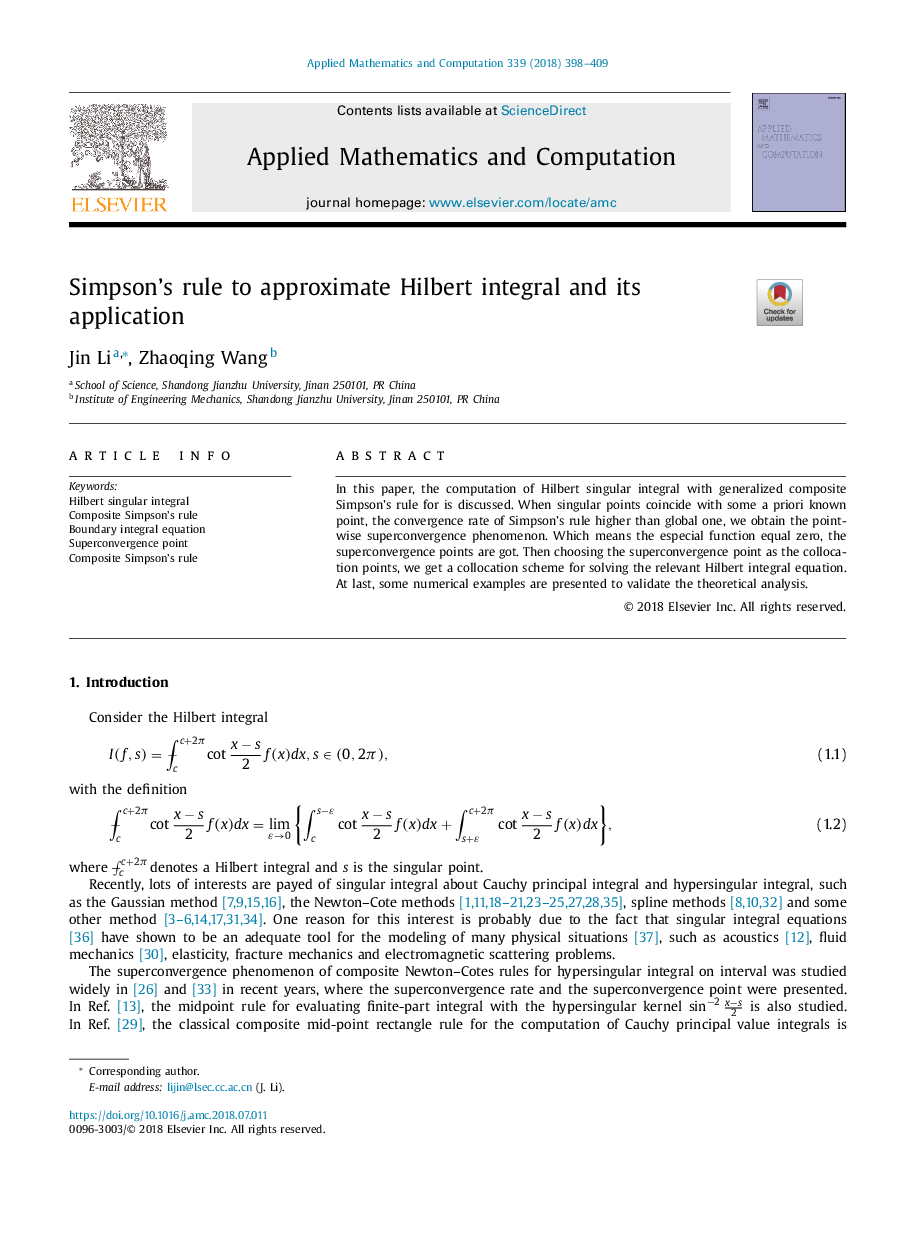 Simpson's rule to approximate Hilbert integral and its application