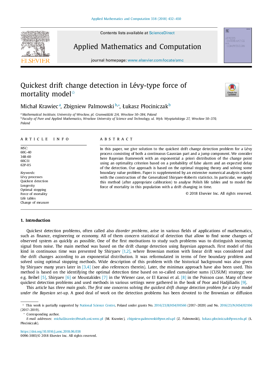 Quickest drift change detection in Lévy-type force of mortality model