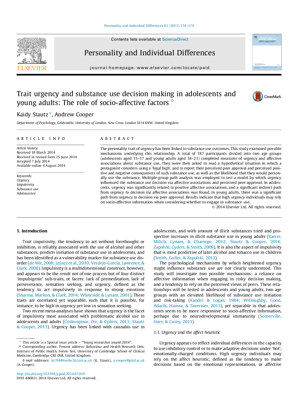 Trait urgency and substance use decision making in adolescents and young adults: The role of socio-affective factors 