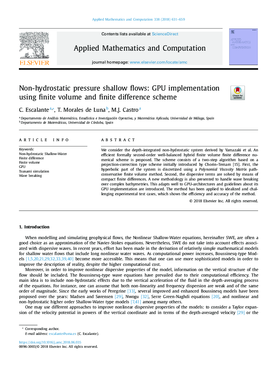 Non-hydrostatic pressure shallow flows: GPU implementation using finite volume and finite difference scheme