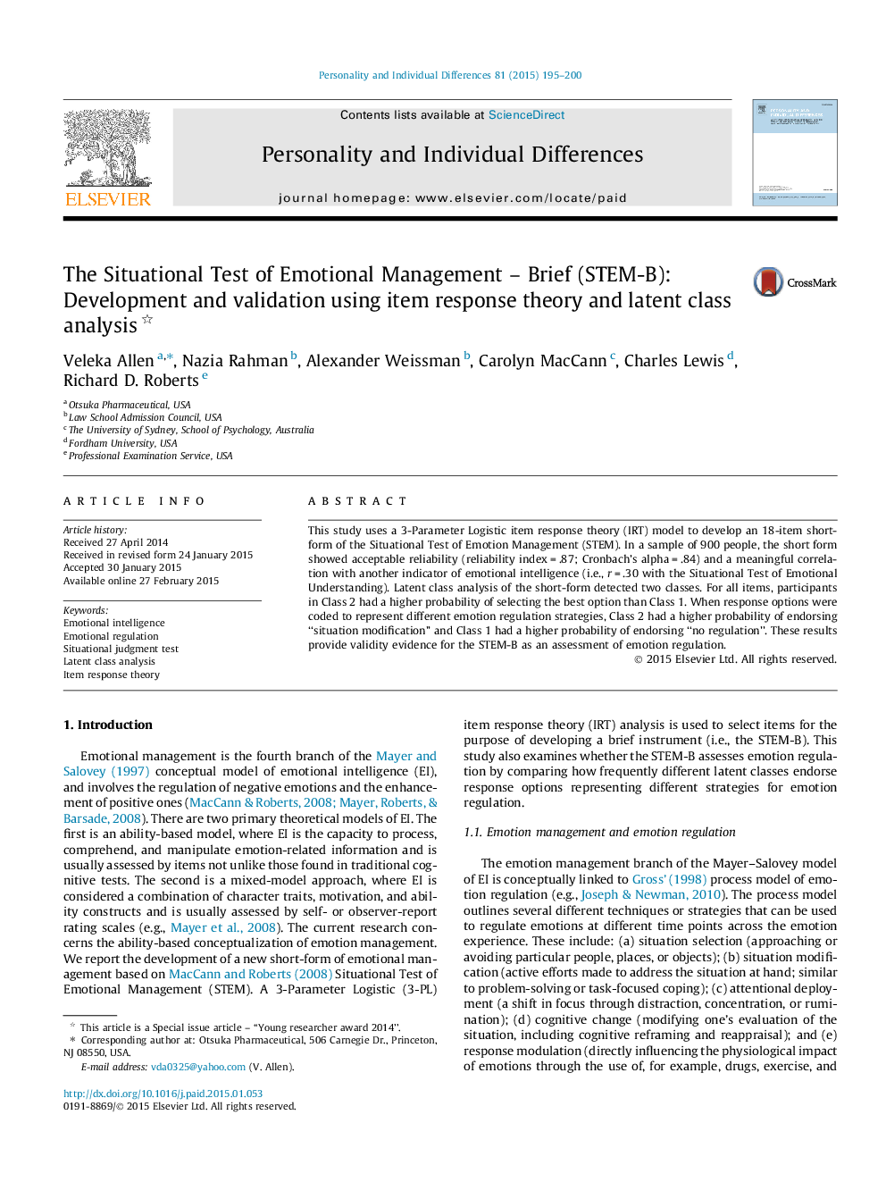 The Situational Test of Emotional Management – Brief (STEM-B): Development and validation using item response theory and latent class analysis 