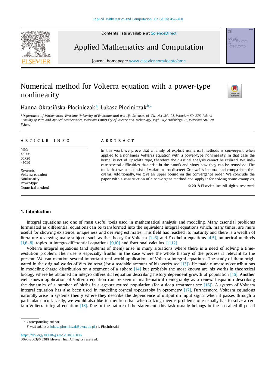 Numerical method for Volterra equation with a power-type nonlinearity