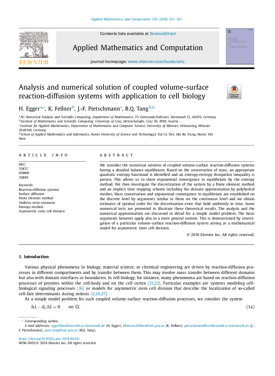 Analysis and numerical solution of coupled volume-surface reaction-diffusion systems with application to cell biology