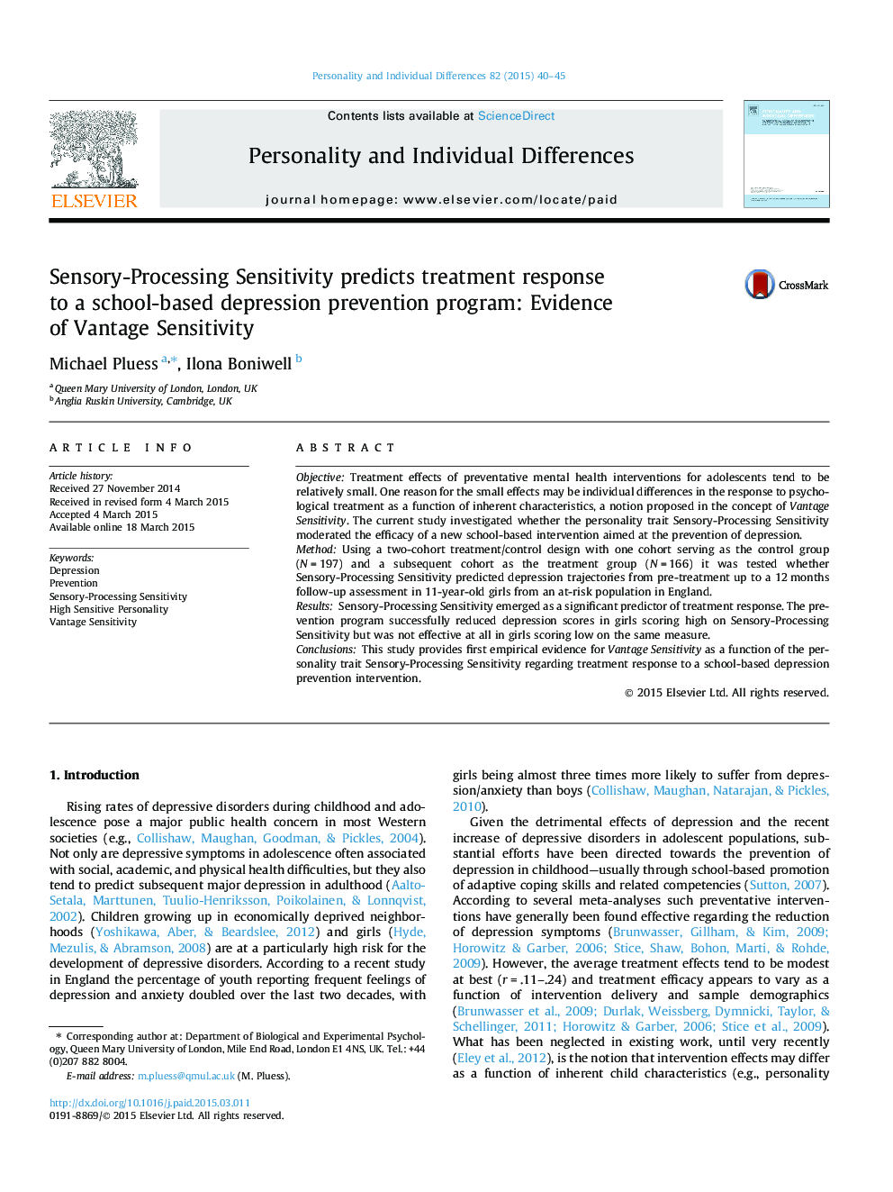 Sensory-Processing Sensitivity predicts treatment response to a school-based depression prevention program: Evidence of Vantage Sensitivity