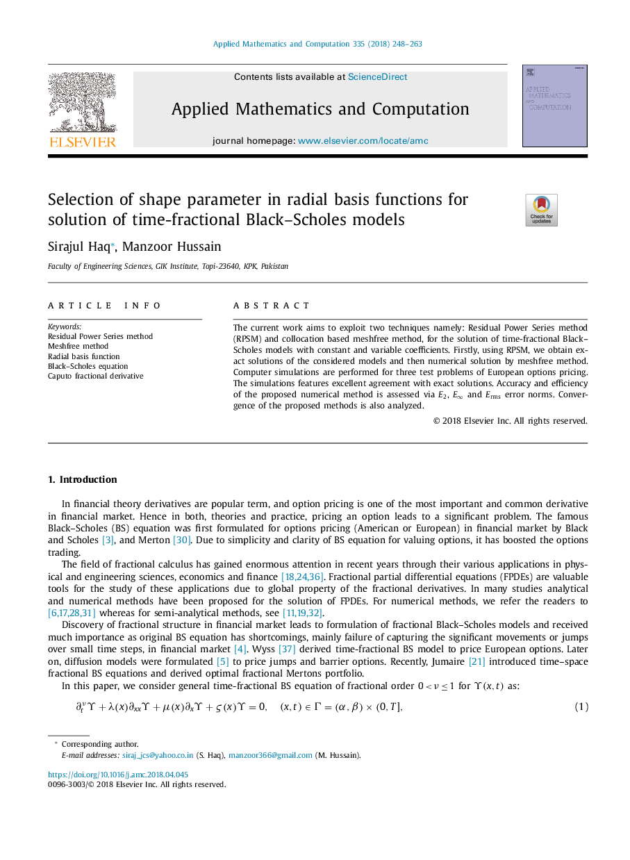 Selection of shape parameter in radial basis functions for solution of time-fractional Black-Scholes models