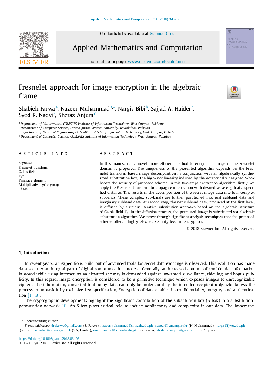 RETRACTED: Fresnelet approach for image encryption in the algebraic frame