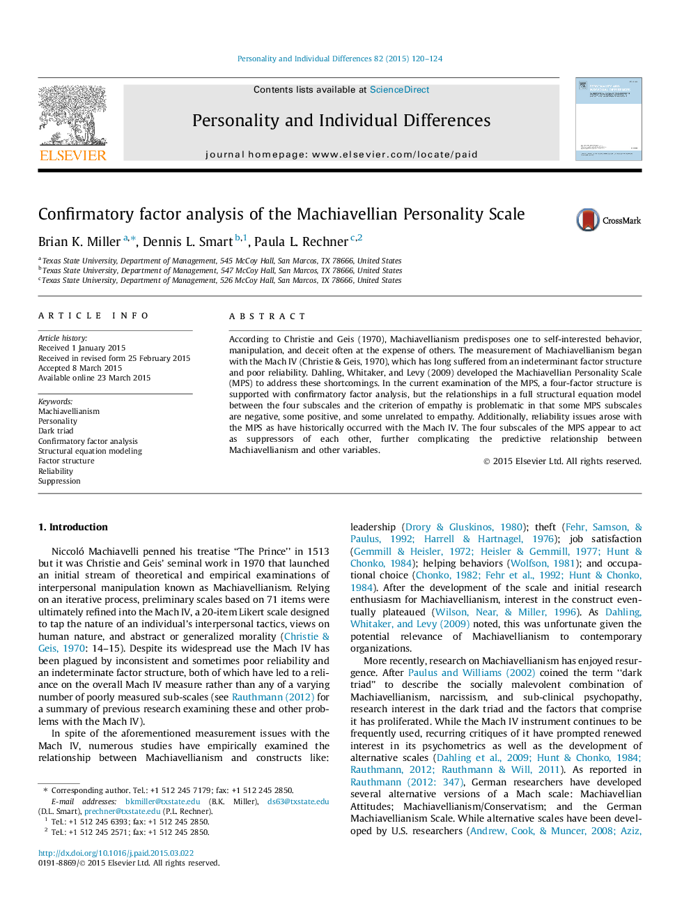 Confirmatory factor analysis of the Machiavellian Personality Scale