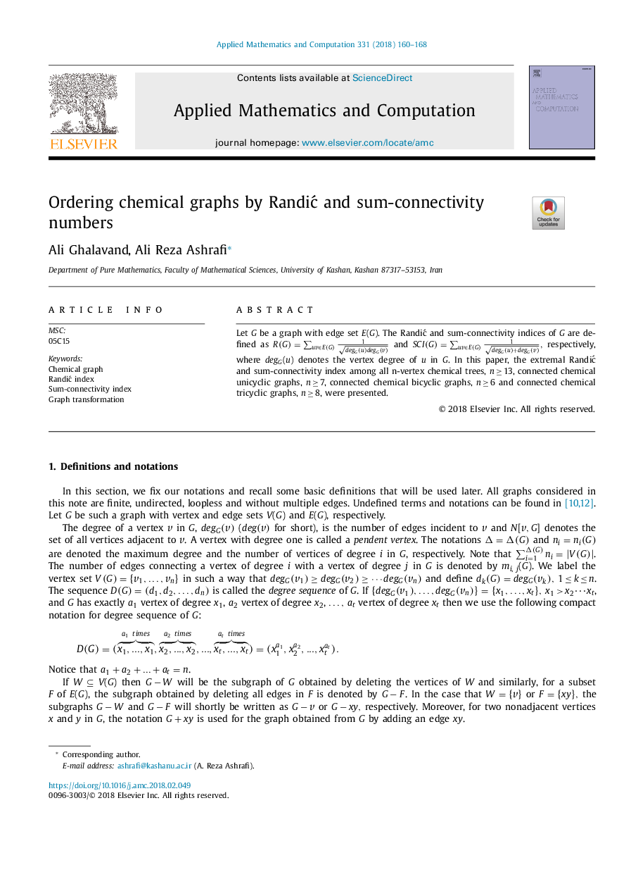 Ordering chemical graphs by RandiÄ and sum-connectivity numbers