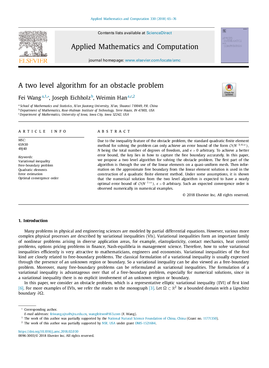 A two level algorithm for an obstacle problem