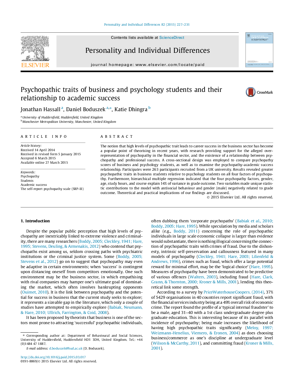 Psychopathic traits of business and psychology students and their relationship to academic success