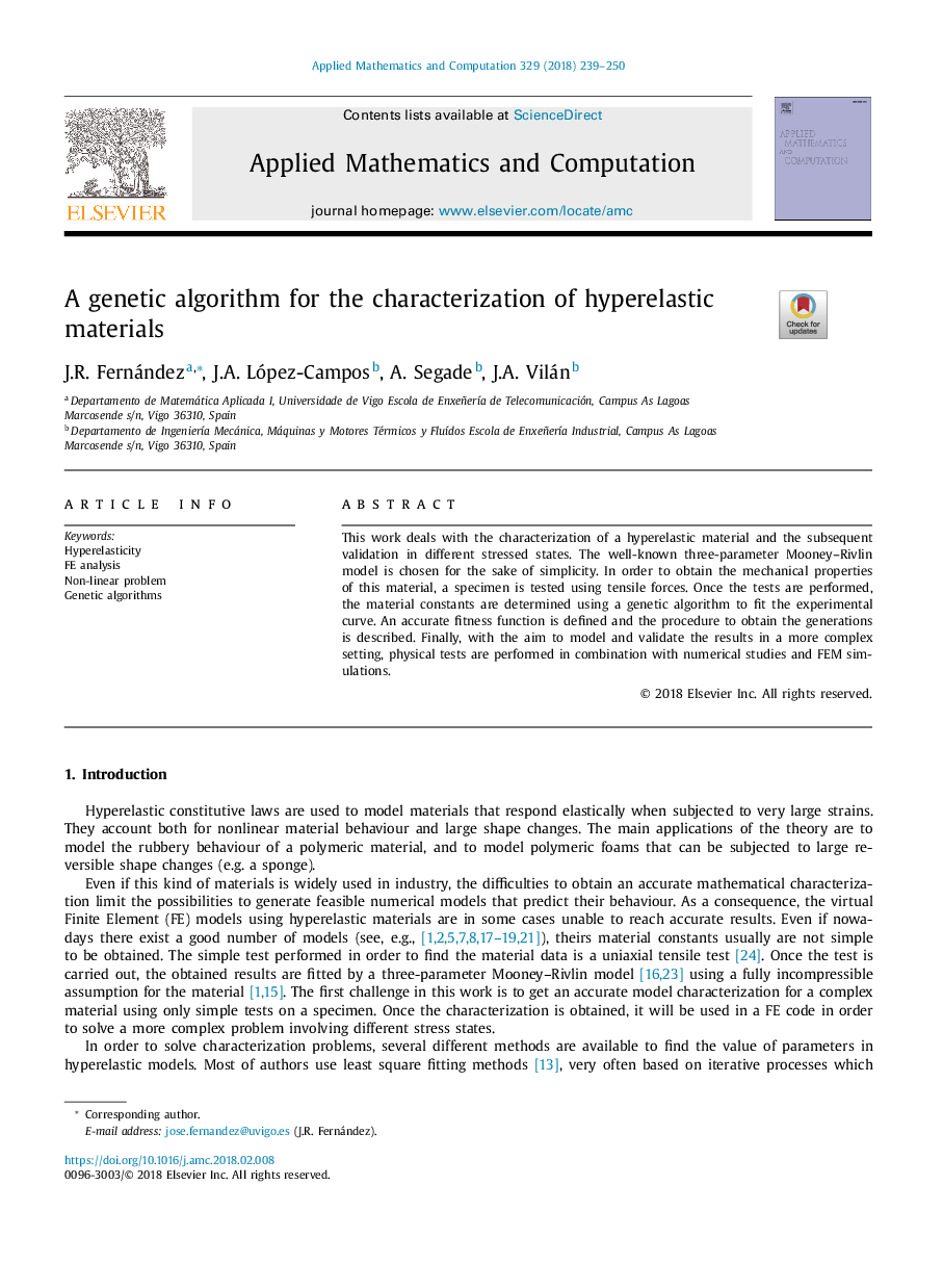 A genetic algorithm for the characterization of hyperelastic materials