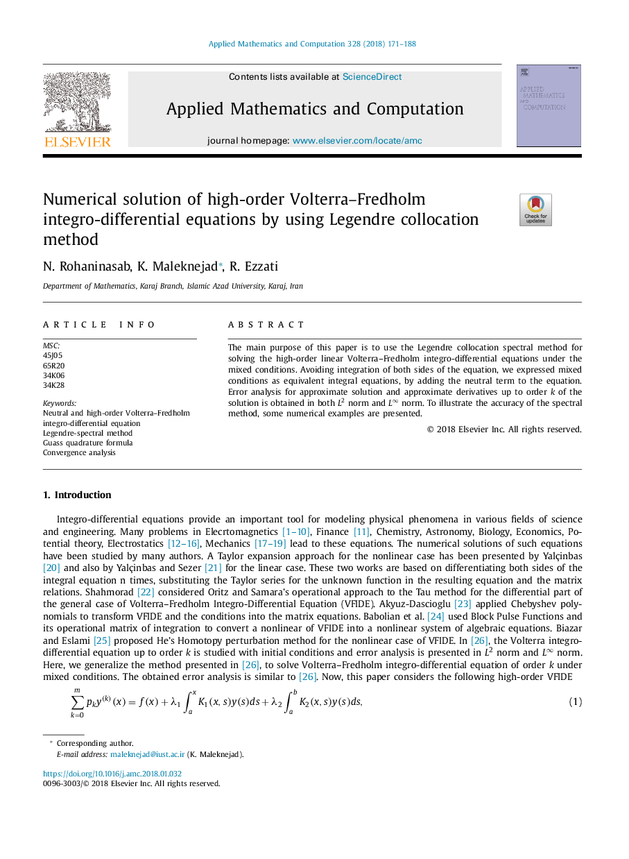 Numerical solution of high-order Volterra-Fredholm integro-differential equations by using Legendre collocation method