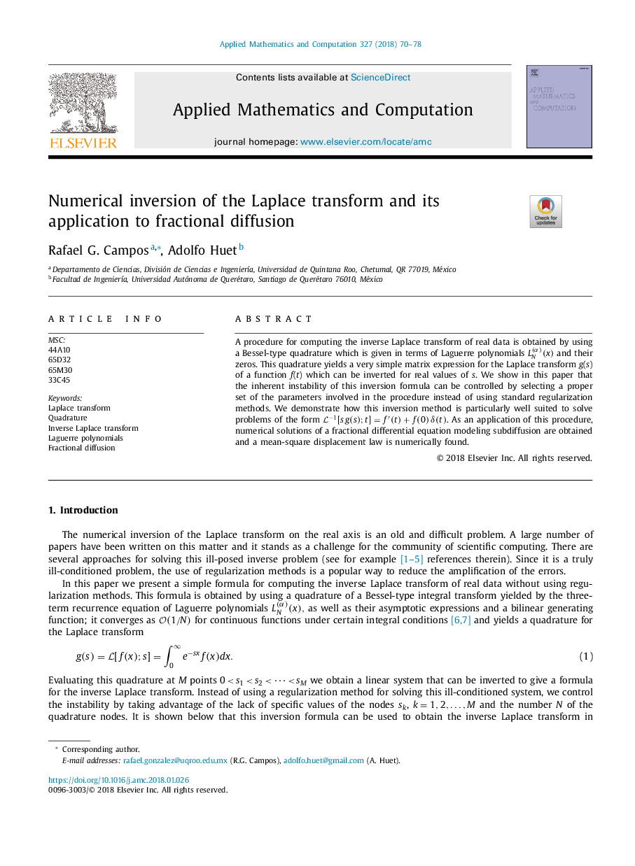 Numerical inversion of the Laplace transform and its application to fractional diffusion