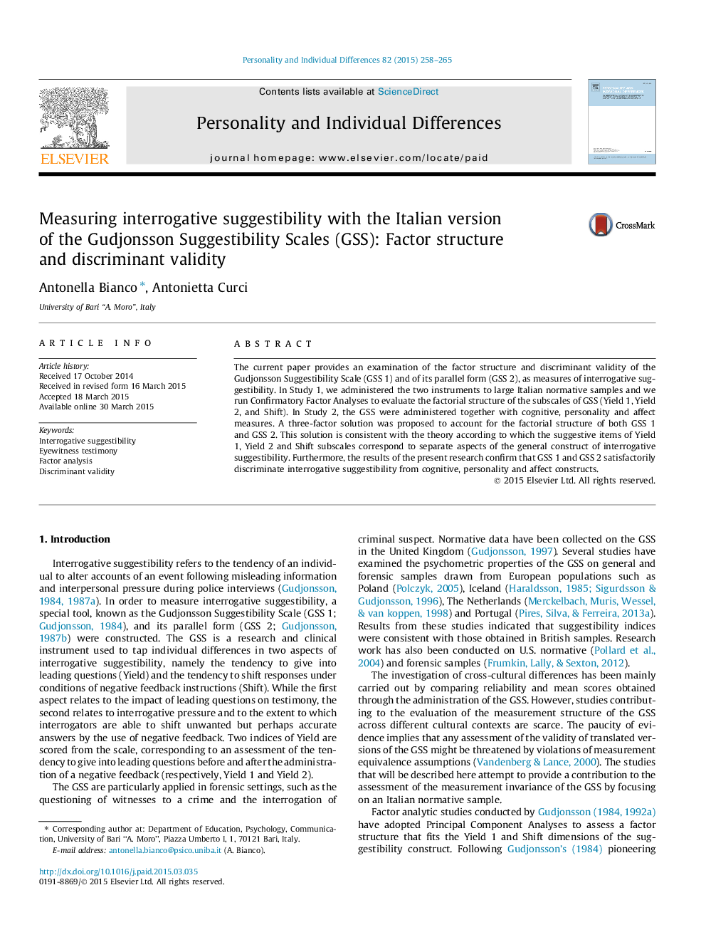 Measuring interrogative suggestibility with the Italian version of the Gudjonsson Suggestibility Scales (GSS): Factor structure and discriminant validity