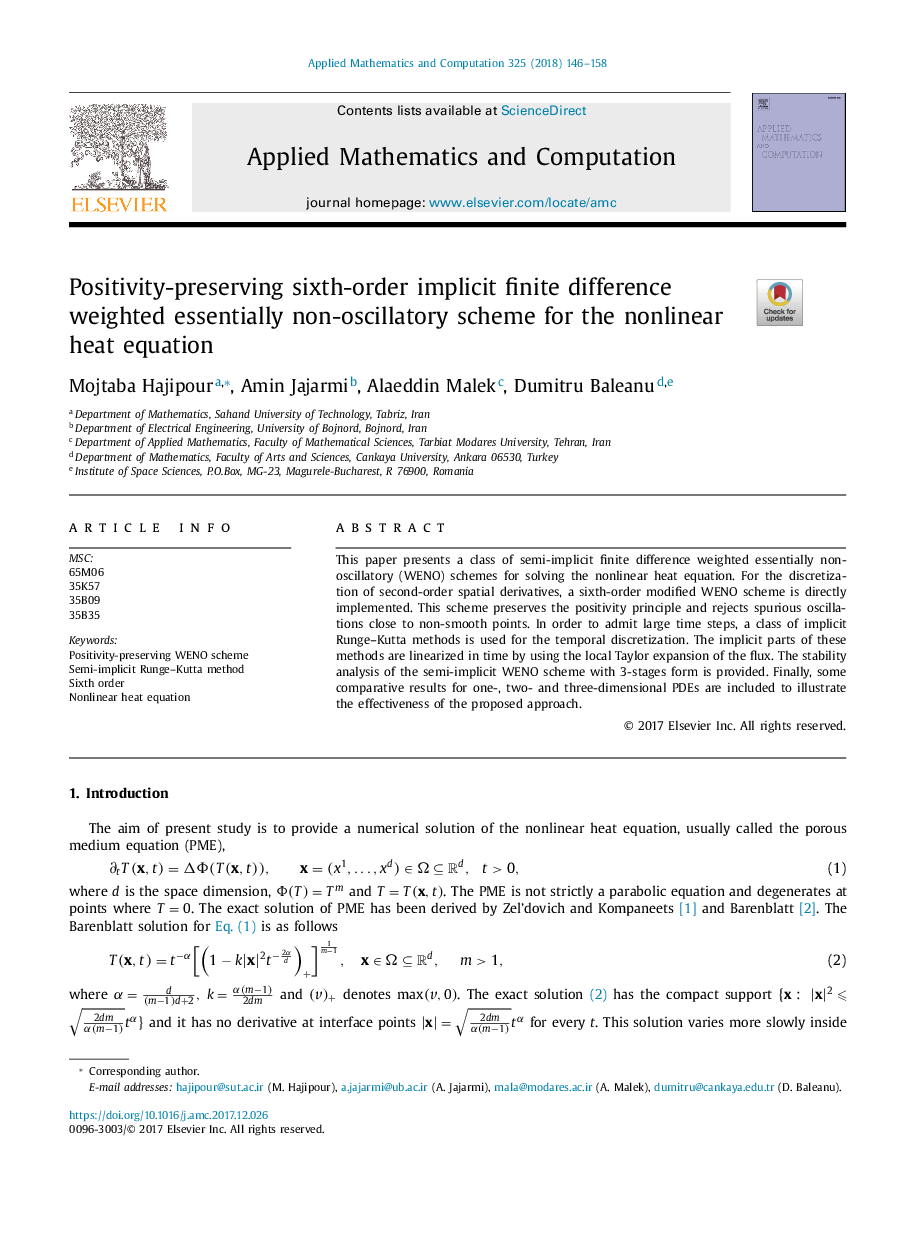 Positivity-preserving sixth-order implicit finite difference weighted essentially non-oscillatory scheme for the nonlinear heat equation