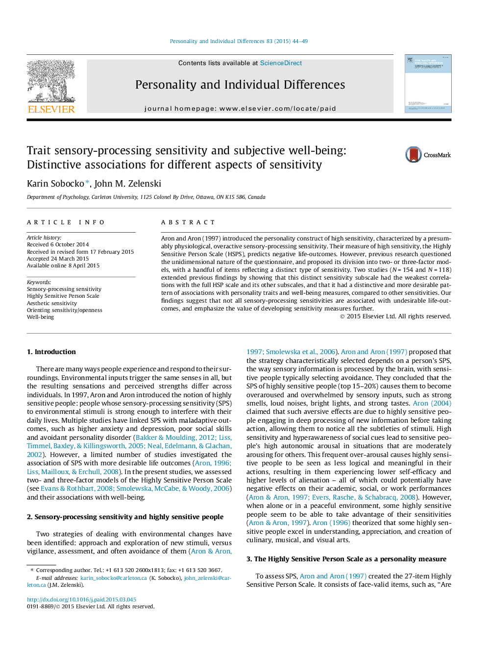 Trait sensory-processing sensitivity and subjective well-being: Distinctive associations for different aspects of sensitivity