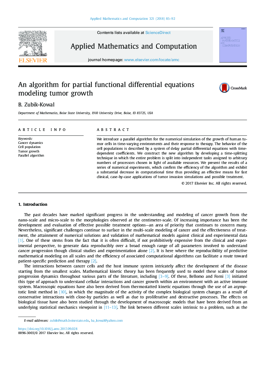 An algorithm for partial functional differential equations modeling tumor growth