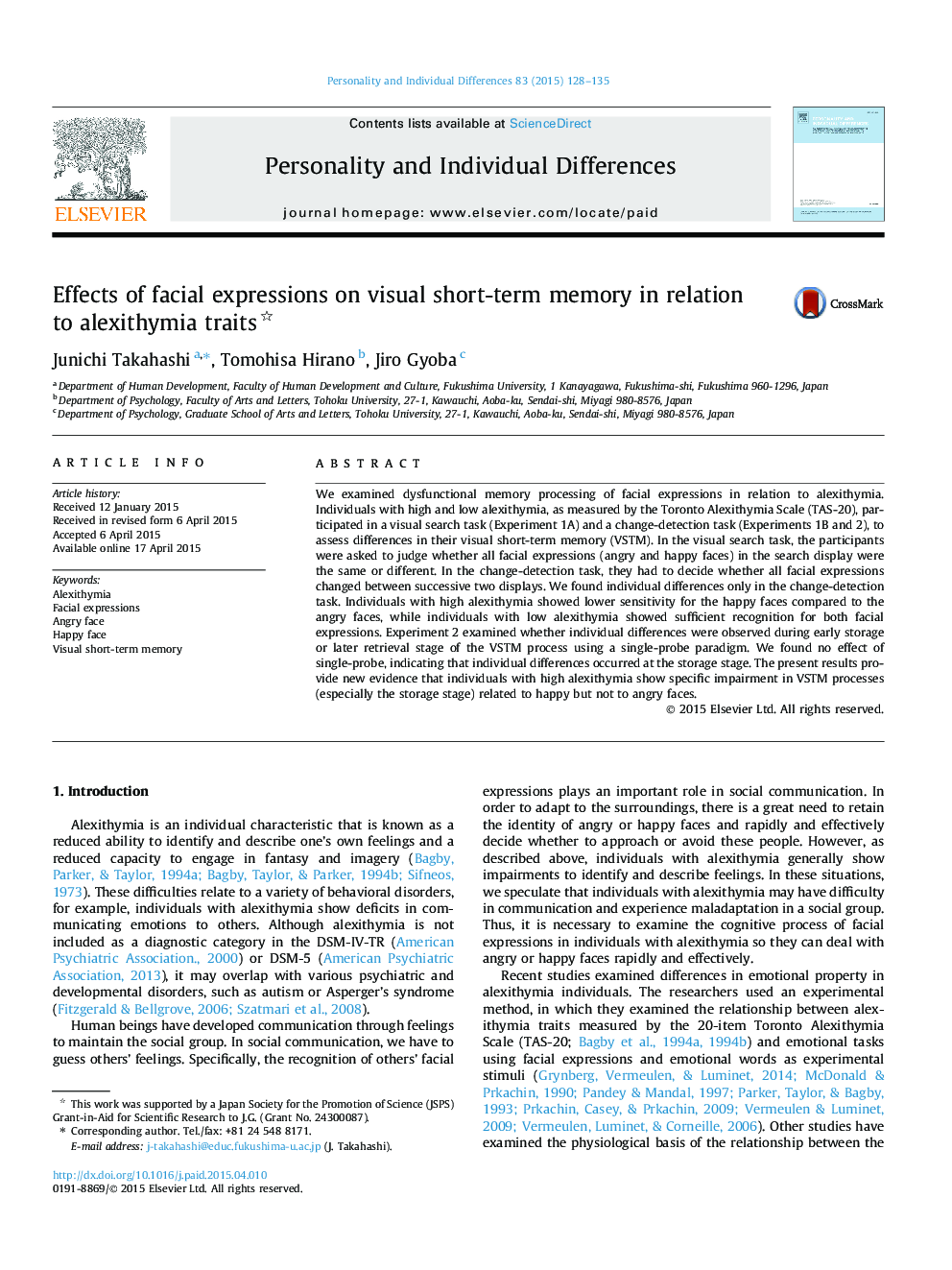 Effects of facial expressions on visual short-term memory in relation to alexithymia traits 