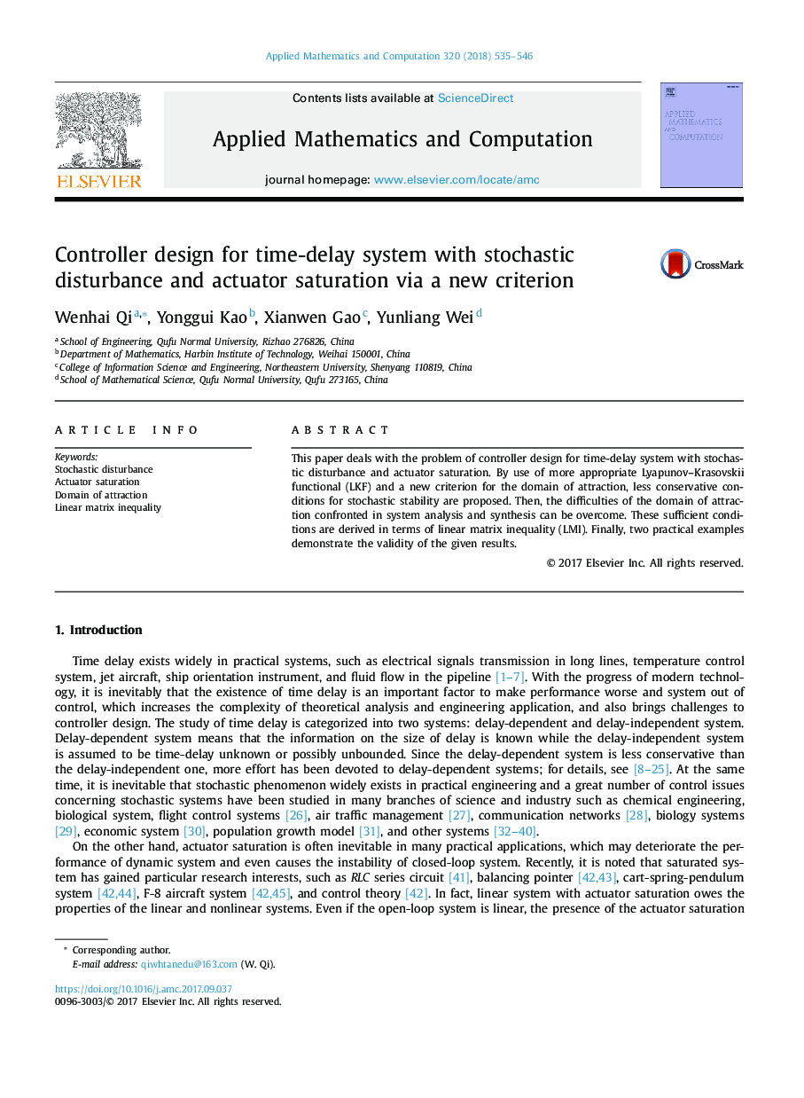 Controller design for time-delay system with stochastic disturbance and actuator saturation via a new criterion