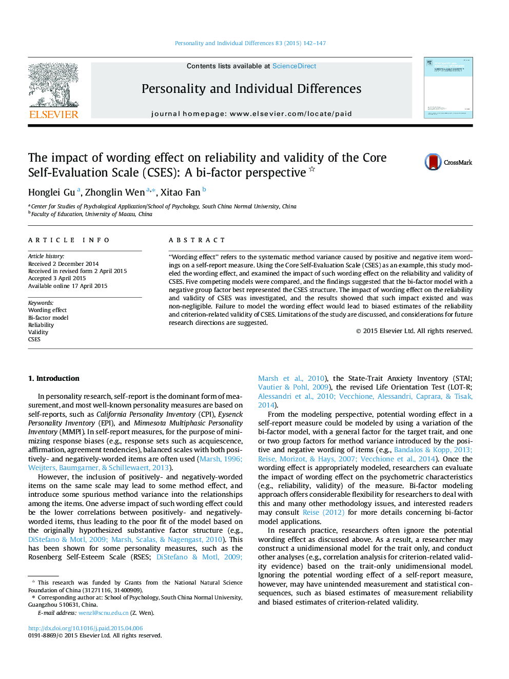 The impact of wording effect on reliability and validity of the Core Self-Evaluation Scale (CSES): A bi-factor perspective 